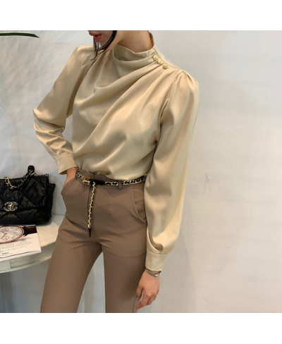 Blouse Women Long Sleeve Half High Collar Chic Button Pleated Shirts Fashion Office Lady 2023 Spring New White Blue Tops $44....