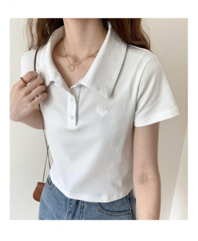 Polo T-Shirts Women Embroidered Button Short Sleeve Tops Tees Girls 2023 Summer Crop Tops and low price $25.86 - Tops & Tees