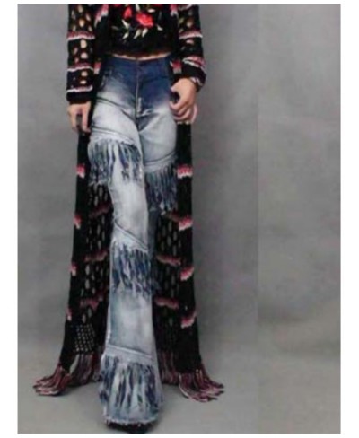 2023 Fashion Personality Gradient Pants With Tassel Jeans Flare Pants Plus Size Stretch Long Trousers Tall Women $89.17 - Jeans