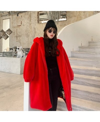 New 2023 Winter Women Hooded Warm Thicken Long Red Faux Rabbit Fur Coat Korean Loose Casual Long Sleeve Warm Outerwear Female...