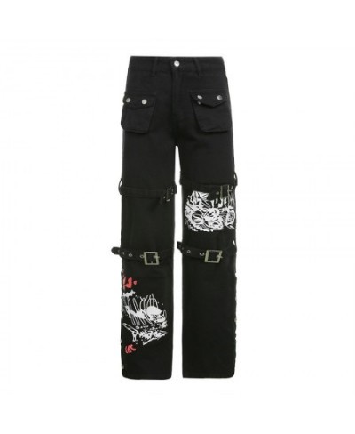 Vintage Punk Skull Print Black Pants Harajuku High Waist Big Pocket Trousers Goth Y2K Jeans Cargo Trousers $56.00 - Jeans