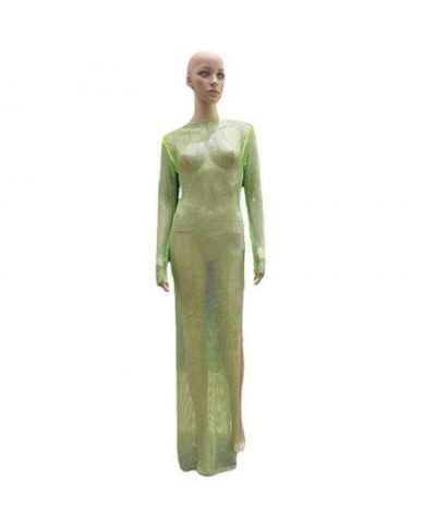 Sexy See Through Rhinestone Maxi Club Auturn Dress Women Glitter Green Evening Party Dresses Long Fishnet Beach Dress Vestido...