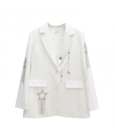 Korean Fashion Long Sleeve Diamonds Tassel Womens Blazers Coat Suit Women White Streetwear Punk Blazer Jacket Causal Outerwea...