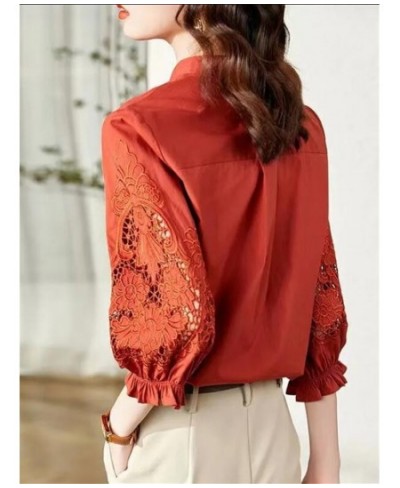 Retro Embroidered Women's Shirt Stand Collar Hollow Out Three-Quarter Sleeve Button Top Female Blouses Loose Woman Blouses $3...