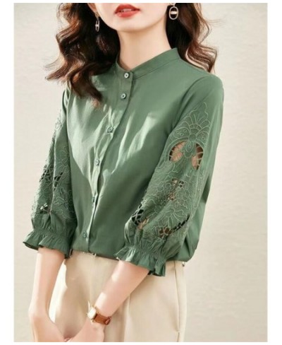 Retro Embroidered Women's Shirt Stand Collar Hollow Out Three-Quarter Sleeve Button Top Female Blouses Loose Woman Blouses $3...