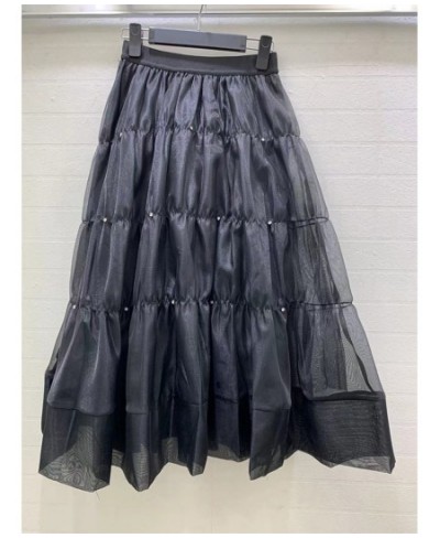 Patchwork Diamonds Mesh Shirts For Women High Waist A Line Casual Trmprament Folds Skirt Female Summer 2023 New Style $68.87 ...