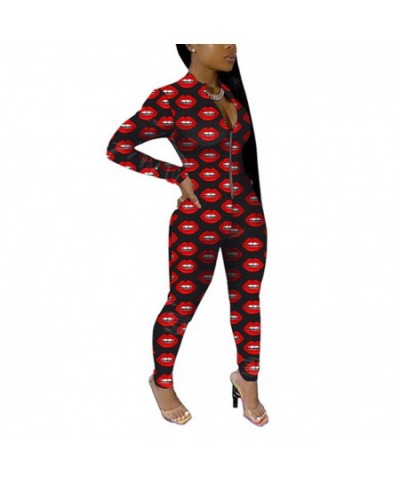 Colorful Print Sexy Long Sleeve Bodycon Jumpsuits Women Zipper Neck Club Outfits One Piece Rompers Cool Girl $28.75 - Jumpsuits