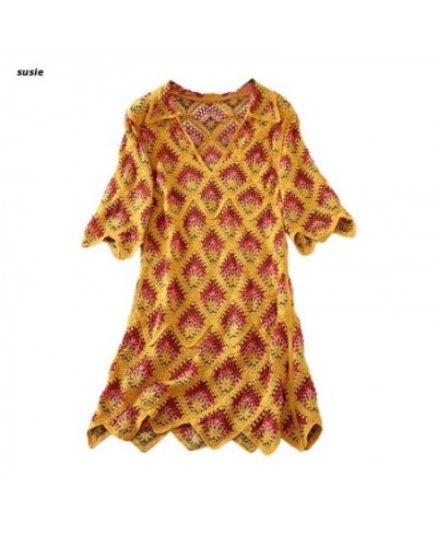 Women Vintage Flare Half Sleeve Lapel V-Neck A-Line Midi Dress Openwork Diamond Pattern Crochet Knit Wave Hem Beach Robe $47....