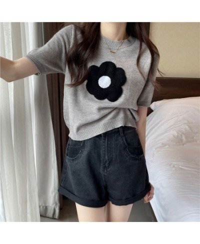 2023 Summer Flower Embroidery T Shirt Women Korean Style Short Sleeve Knitted T-Shirt Woman All Match Round Neck Tee Tops $30...