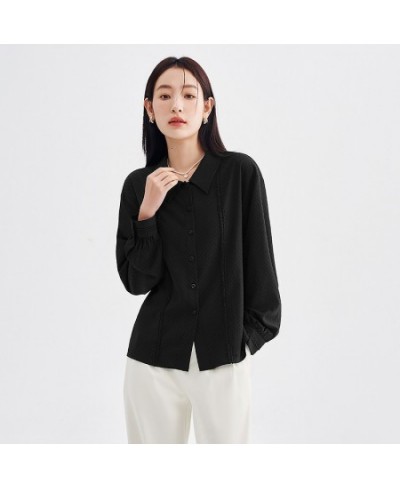 Women Shirts 2023 Spring Long Sleeve Polo Neck Loose Blouse Lace Jacquard Texture Black White Elegant Chic Tops $61.30 - Wome...