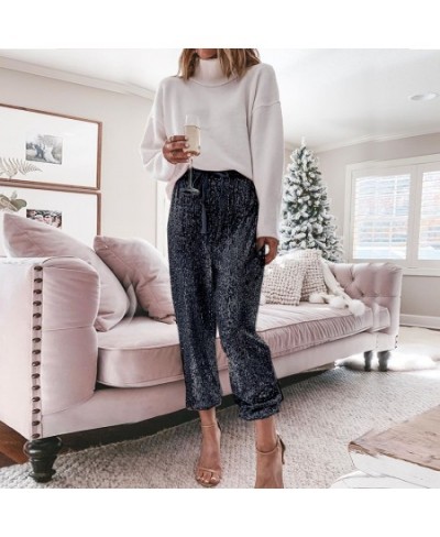 Gold Sequin Shiny Wide Beam Leg Pants Women Casual Christmas Party Harem Pants High Waist Lace Up Trousers Streetwear $40.77 ...