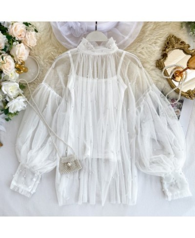 Plus Size 2023 Women Top lantern Sleeve Autumn Spring Blouse Beading Elegant Blouse Chiffon lace Pearl Shirt $33.42 - Blouses...
