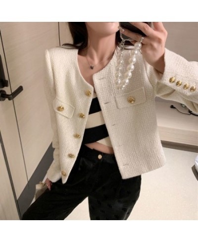 Korean Tweed Jackets Women Oversized Single Breasted Woolen Short Coats 2023 New Autumn Spring Vintage Outerwear Crop Top $44...