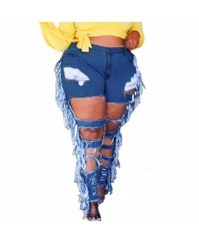 5XL Plus Size Women Jeans High Waist Ripped Hole Hollow Out Trousers 2023 Fashion New Solid Tassel Splice Moto Sexy Denim Pan...