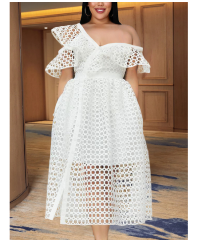 2023 Plus Size Elegant Ladies Summer White Dress Chic Bare Shoulder Net Hollow Out Midi Dresses Big Large Women Vacation $65....