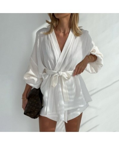 Casual White Women's Summer Suit Sleepwear Shorts Set Female Pajama Loose Long Sleeve Robes Two Piece Set Homewear $55.05 - S...