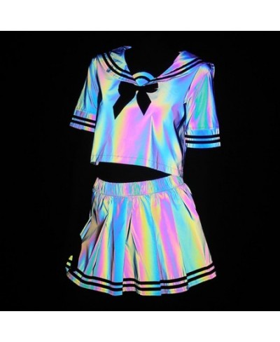 Colorful Reflective Sexy Shirt Women Pleated Skirt Two Piece Set Kawaii Blouse Faldas Reflective School Uniform Sailor Suit $...