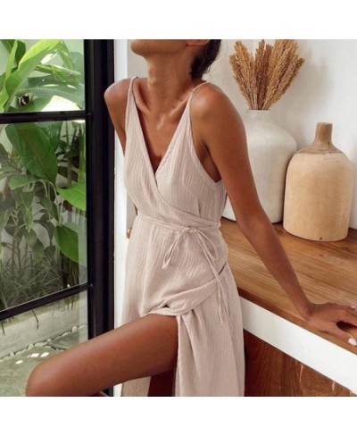 100% Cotton Women's Strapless Sleep Dress Sexy V Neck Double-Crepe Sleeping Robe With Sash Female Lace Up Nightgown Loungewea...