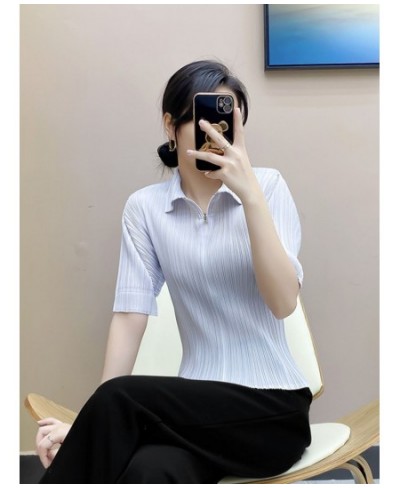 Miyake Pleated Polo Zipper Short Sleeve Shirt Tops Women2023 Summer New Korean Style Solid Color T-shirt Casual Ladies Clothe...