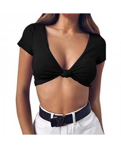 Sexy Wrap Deep V Neck Cut Out Tie Knot Tank Top Bare Midriff Halter Crop Tops Women Camis Short Sleeve Cropped Vest $20.81 - ...