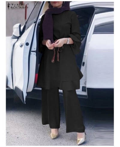 Lace-Up Solid Muslim Sets Abaya Kaftan Women O-Neck Flare Sleeve Buttons Blouse And Wide Leg Pants Elegant Vintage Suit $56.7...
