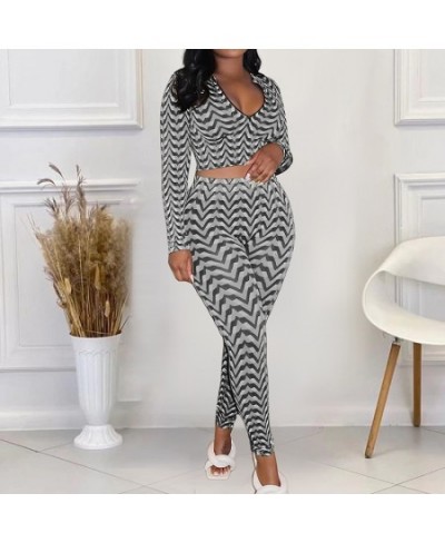 Fashion Plus Size Open Chest Zipper Long Sleeve Slim Short Tops Casual Geometric Printing Elastic Pants Two Piece Set Female ...