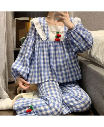 Plaid Pajamas Set Cute Sleepwear For Women Soft Pyjama Women's Fashion Full-sleeve Princess Lace Homewear Plus Size $29.95 - ...