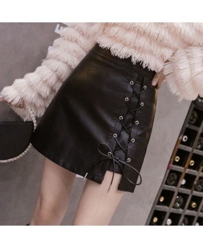 Strap Split leather Mini Skirt PU Women Autumn And Winter 2023 High-Waist Anti-Empty a-Line Skirt Bag Hip One-Step Short Skir...