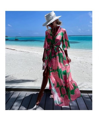 2023 Beach Cover Up Bikinis Cover-ups Kaftan Elegant Tunic Dress Robe De Plage Bohemian Print Chiffon Pareo V Neck Beachwear ...