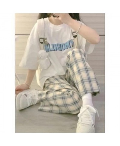 Japanese Harajuku Streetwear Plaid Straight Pants T-Shirt Suit Women Vintage Soft Girl Hip Hop Elastic Waist Jogger Pants $26...