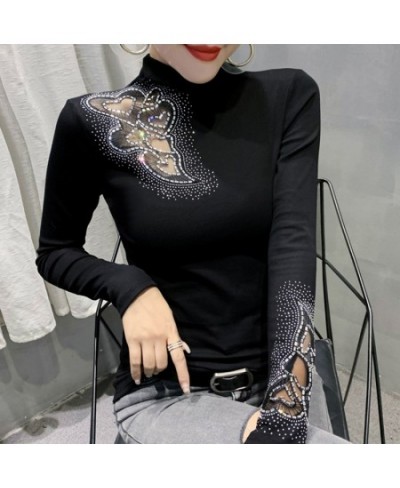 2023 Spring Autumn New Women's Tops Shirt Fashion Casual Turtleneck Long Sleeve Hollow Out Hot Drilling Mesh T-Shirt M-3XL $3...