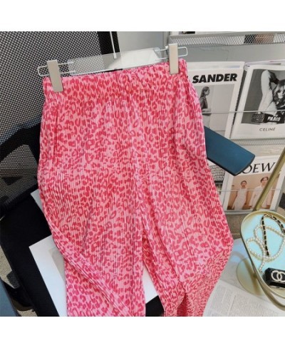 Pink Leopard Design Wide Leg Pants Women's Pleated Style Casual Pants Loose High Waist Slim Straight Leg Pants $28.84 - Pants...