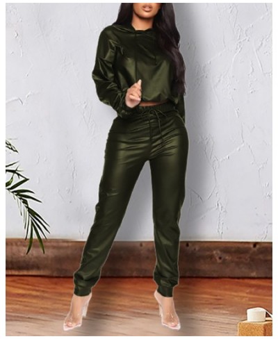 Two Piece Set Women Casual Long Sleeve PU Leather Hoodies & Drawstring Pants Set Lady Sporty Outfits $52.65 - Suits & Sets