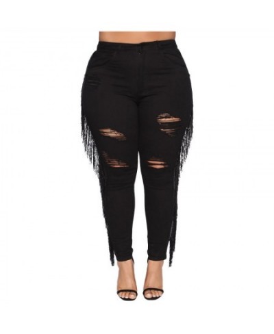 Plus Size Ripped Cut Out Black Tassel Stretchy Skinny Pencil Jeans 4XL Street Club Outfits High Waist Slim Push Up Denim Pant...