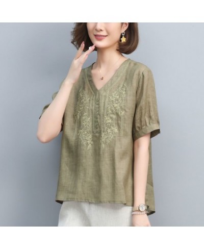 100% Cotton Linen Shirt Women Embroidery Blouse Plus size Loose Ladies Casual Tops Summer Tees Short sleeve $31.47 - Women Tops