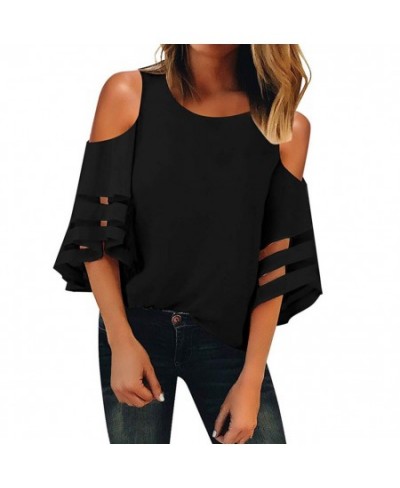 Women Cold Shoulder Mesh Panel 3/4 Bell Sleeve Loose Blouse Tops Shirt for Summer AIC88 $21.67 - Blouses & Shirts