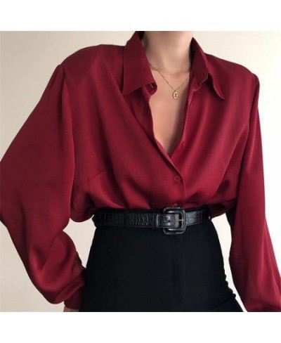 Women Button Down Shirt Ladies Elegant Work Office Long Sleeve Casual Blouse Solid V-Neck OL Loose Autumn Clothes Female Blus...