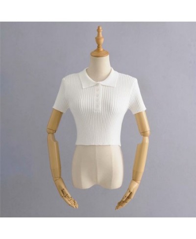 2022 Spring Summer Women Short Sleeve POLO Collar Knitting T-shirt Fashion Sexy Reveal Navel Female T-shirt $40.15 - Tops & Tees