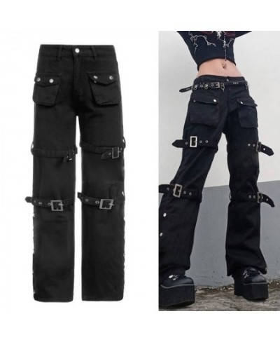 2022 trend Women Black Cargo Jeans with Multi Pockets Metal Buckle Belt Straight Trousers $53.48 - Pants & Capris