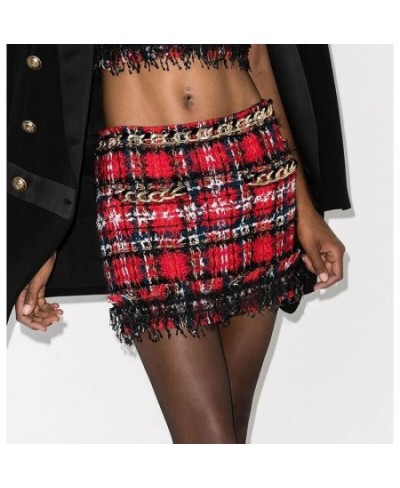 HIGH QUALITY 2023 Designer Skirt Women's Chain Sequined Fringed Tassel Plaid Tweed Mini Skirt $43.04 - Skirts