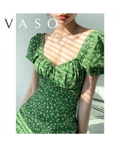 Green Floral Print Dress School Party Bandage A Line Dress Elegant Female Vintage Women Summer Sundress Vestido Mini Dress $3...