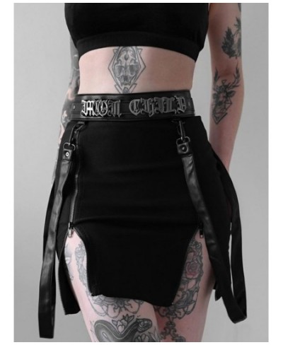 Gothic Black Zip Split Sexy Mini Skirts For Women Goth Dark PU Strap High Waist Pencil Skirt Grunge Punk Egirl Streetwear $35...