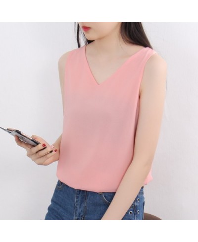 2023 Summer Korean Women Tops Chiffon Blouses for Women V-neck White Top Woman Sleeveless Shirt Tops Woman Solid Pink Blouse ...