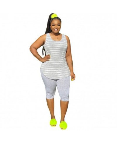Plus Size Women Set 2022 Summer Striped Tank Tops and Pants Fashion Solid Two Piece Set Sexy Lady Sleeveless Tracksuit $39.88...