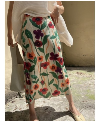Miyake Pleated Midi Skirts For Women 2023 New Printed High Waist Slim Fit Floral Pattern Vintage Skirt Korean Fashion $42.02 ...
