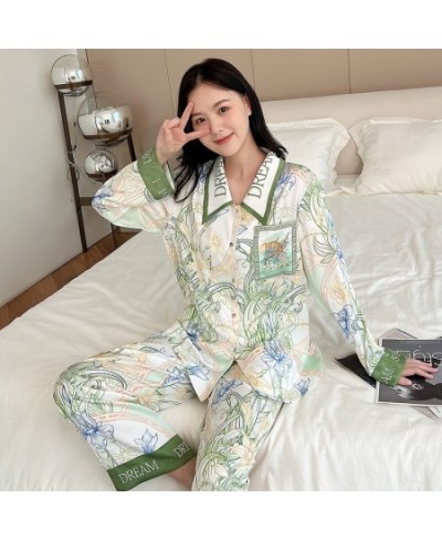 High Quality Women's Pajamas Set Luxury Floral Print Lapel Sleepwear Silk Like Long Sleeve Homewear Nightwear Femme $51.71 - ...