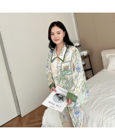 High Quality Women's Pajamas Set Luxury Floral Print Lapel Sleepwear Silk Like Long Sleeve Homewear Nightwear Femme $51.71 - ...