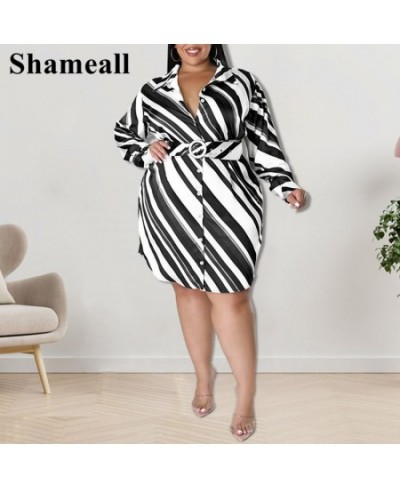 Plus Size Striped Printed Midi Shirt Dress 4XL Turn Down Collar Buttons Long Sleeve Belted Knee Length Casual Dress Robe $69....