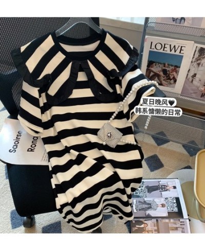 Striped Dresses for Women Peter Pan Collar Short Sleeve Loose Female Vestidos De Verano Mujer 2023 Black T-shirts Mini Dress ...