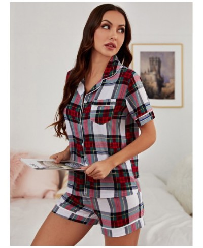 Womens Plaid Pajama Set Short Sleeve Two Piece Pajama Set Pajamas Homewear Button Up $35.65 - Sleepwears